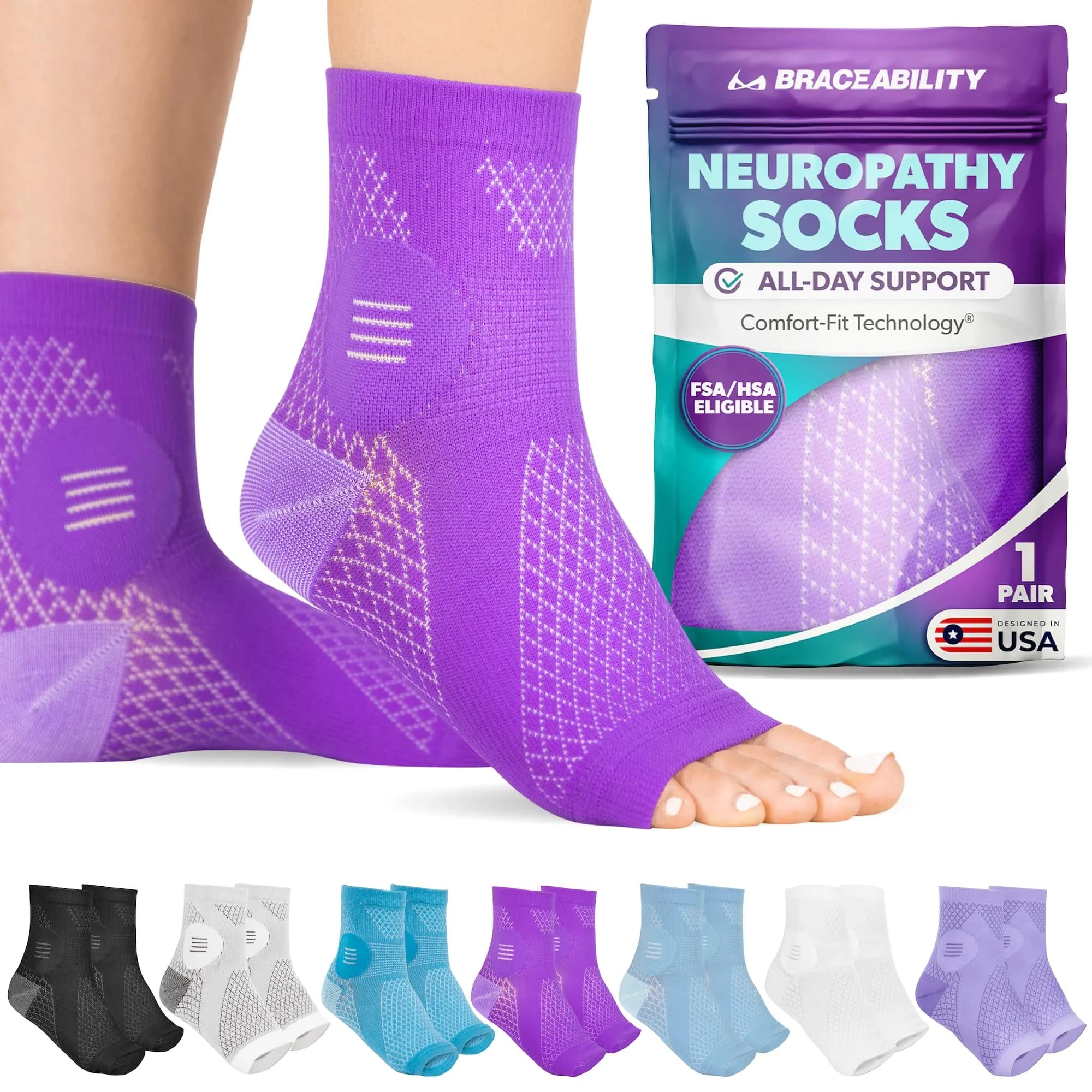 BraceAbility Neuropathy Socks - Small, Purple | FDA Approved Medical Compression Garment for Nerve Pain - main product image