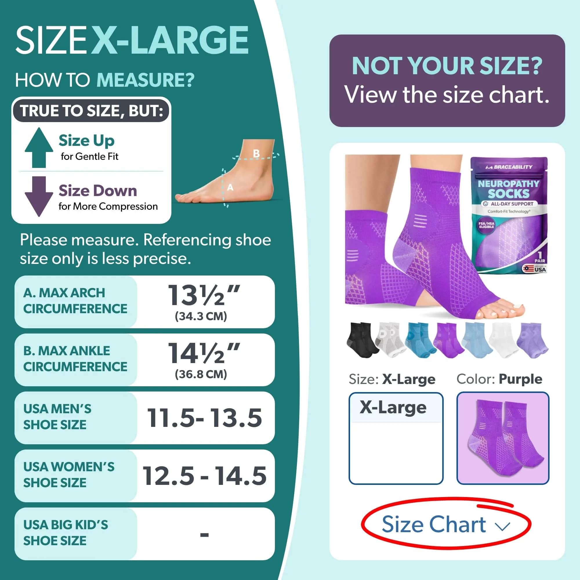 BraceAbility Neuropathy Socks X-Large - Purple | FDA Approved Medical Compression Garment for Nerve Pain Relief - view 2
