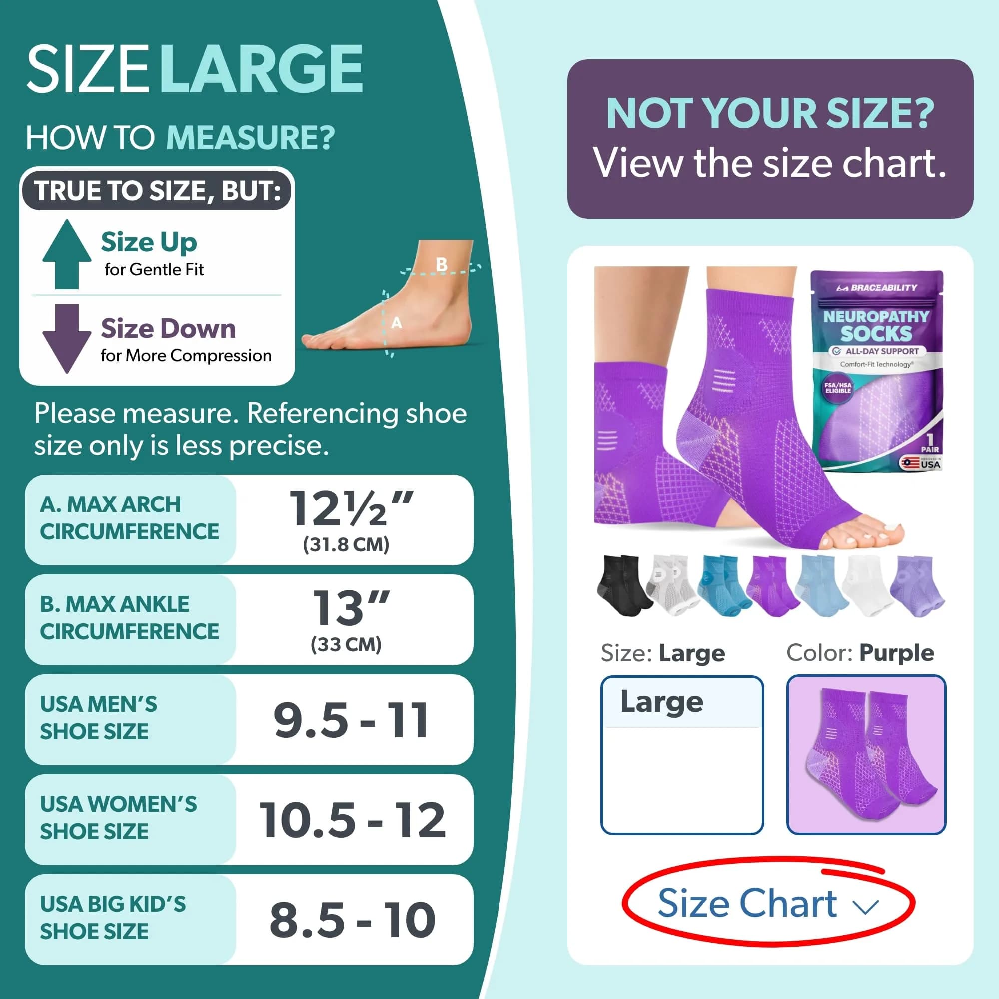 BraceAbility Large Purple Neuropathy Socks - 1 Pair | FDA Approved Medical Compression Garment for Nerve Pain - view 2