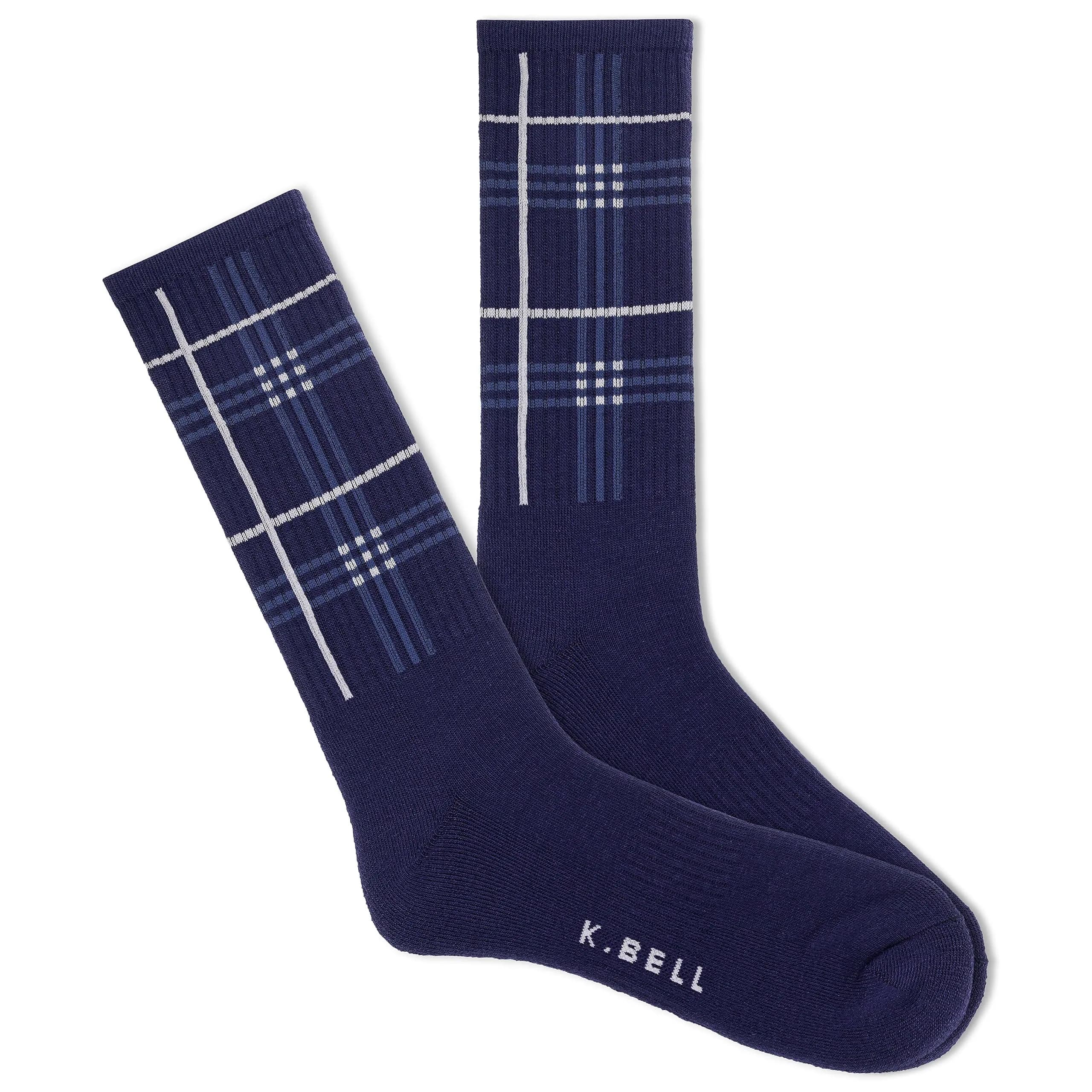 K. Bell Men's Charley Plaid Active Crew Sock 1 Pair Pack, Blue | Stylish & Comfortable Crew Socks for Men