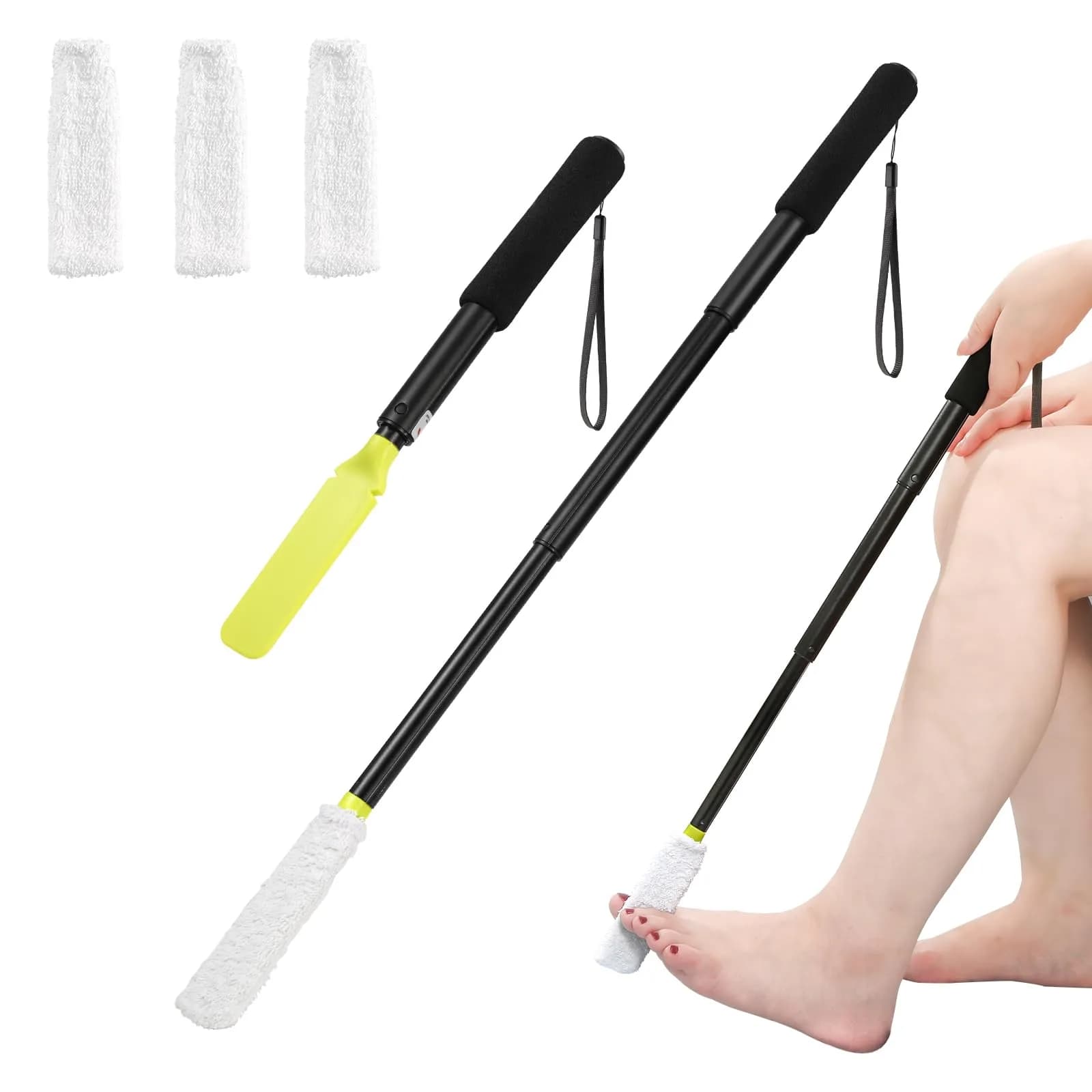 LYIGEOL Toe Cleaning Brush, Foot Scrubber with Telescopic Handle 12"-24" | Reusable Drying Covers for Seniors & Elderly