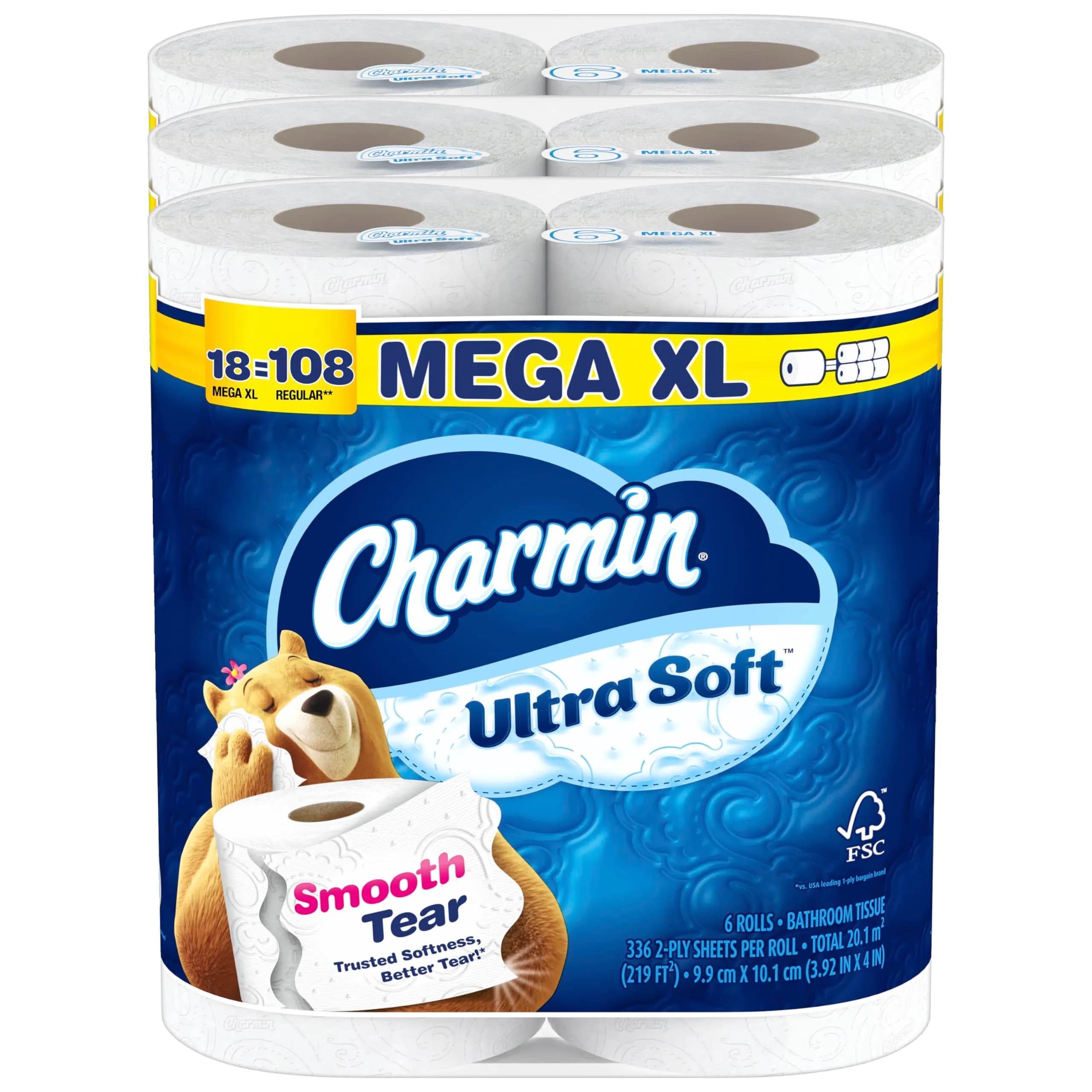 Charmin Ultra Soft Toilet Paper, 18 Mega XL Rolls = 108 Regular Rolls | Trusted Softness & Better Tear - main product image