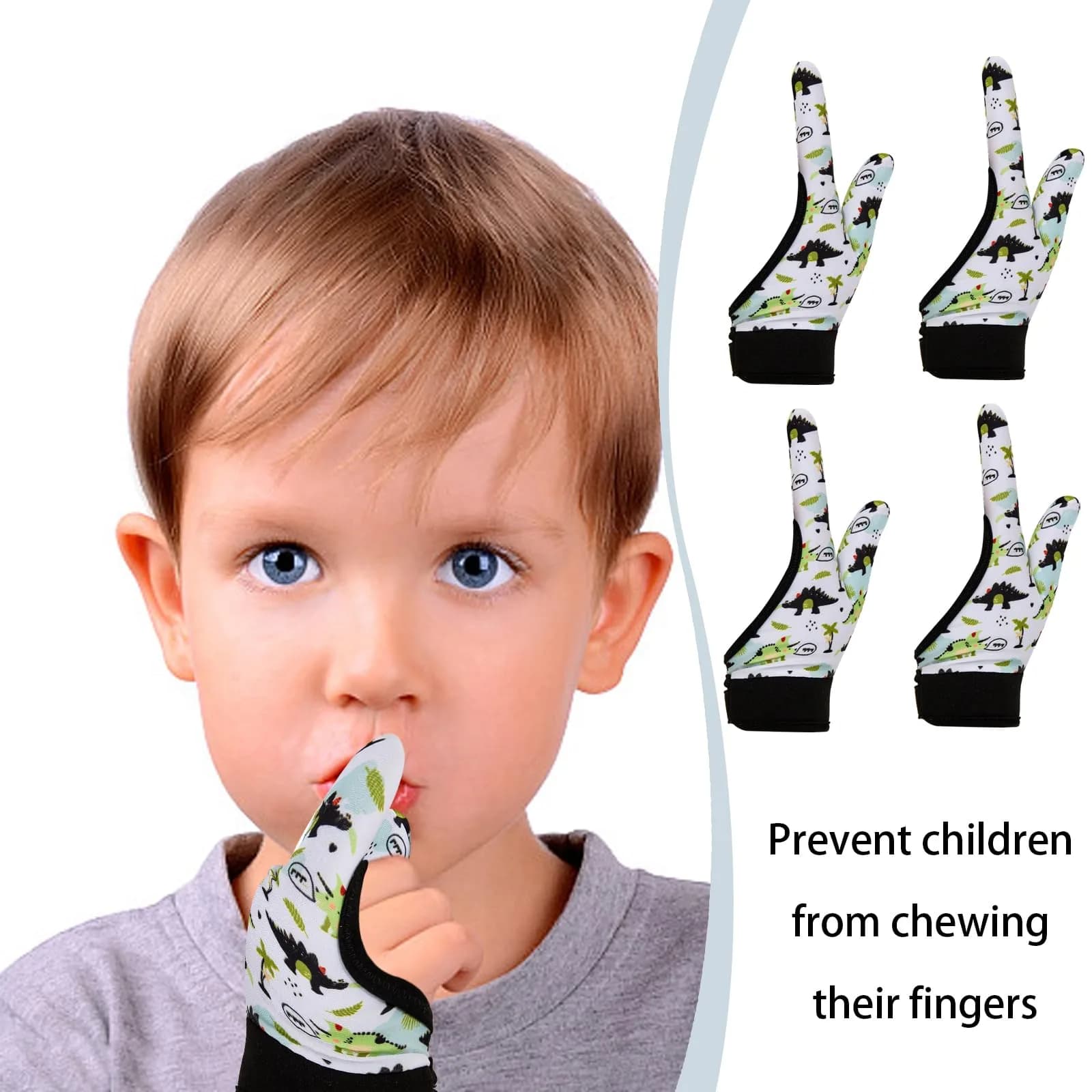 Yxmeiguo Thumb Sucking Guard Gloves for Kids Ages 5-12 | Soft Breathable Fiber, Adjustable Wrist, 2 Pairs Black Dinosaur - view 3