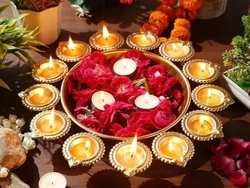 Ayurveda Copper Gold Candle Holder Urli 36cm (14 Inches) | Traditional Indian Decorative Bowl for Floating Flowers thumbnail 4