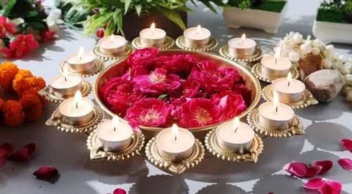 Ayurveda Copper Gold Candle Holder Urli 36cm (14 Inches) | Traditional Indian Decorative Bowl for Floating Flowers thumbnail 5
