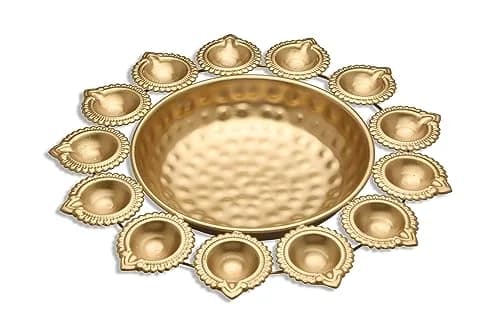 Ayurveda Copper Gold Candle Holder Urli 36cm (14 Inches) | Traditional Indian Decorative Bowl for Floating Flowers thumbnail 3