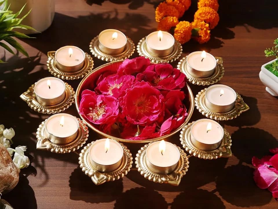 Ayurveda Copper Gold Urli Tealight Holder 25cm (10 Inches) | Traditional Indian Metal Decor thumbnail 6