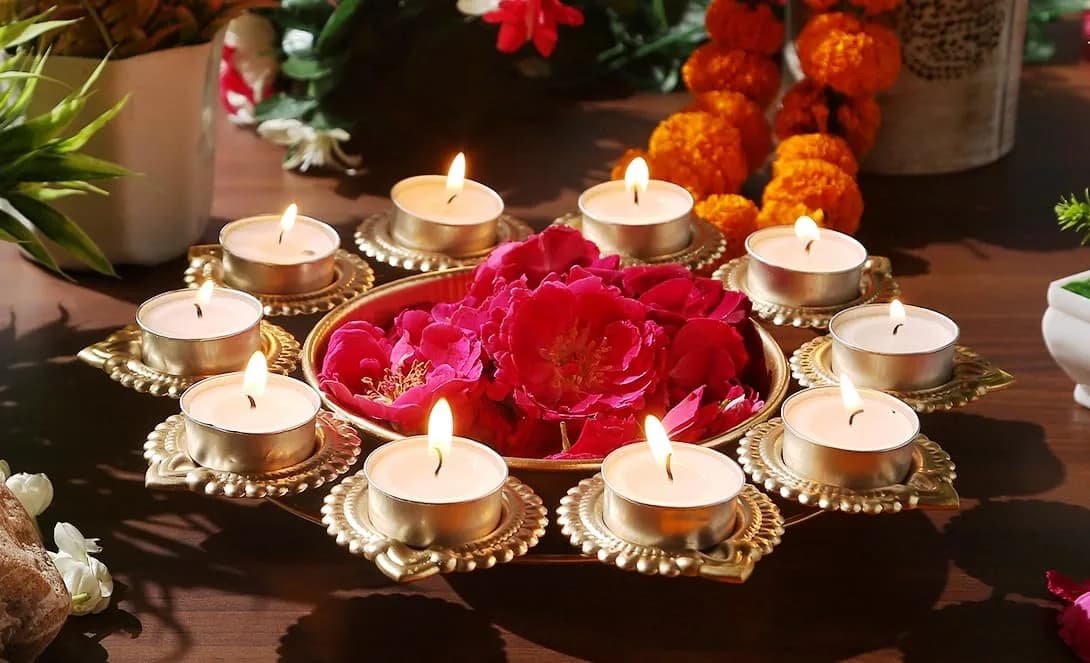 Ayurveda Copper Gold Urli Tealight Holder 25cm (10 Inches) | Traditional Indian Metal Decor - view 7