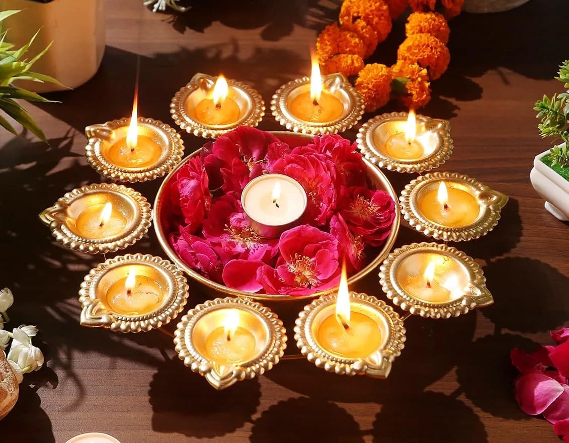 Ayurveda Copper Gold Urli Tealight Holder 25cm (10 Inches) | Traditional Indian Metal Decor - view 2