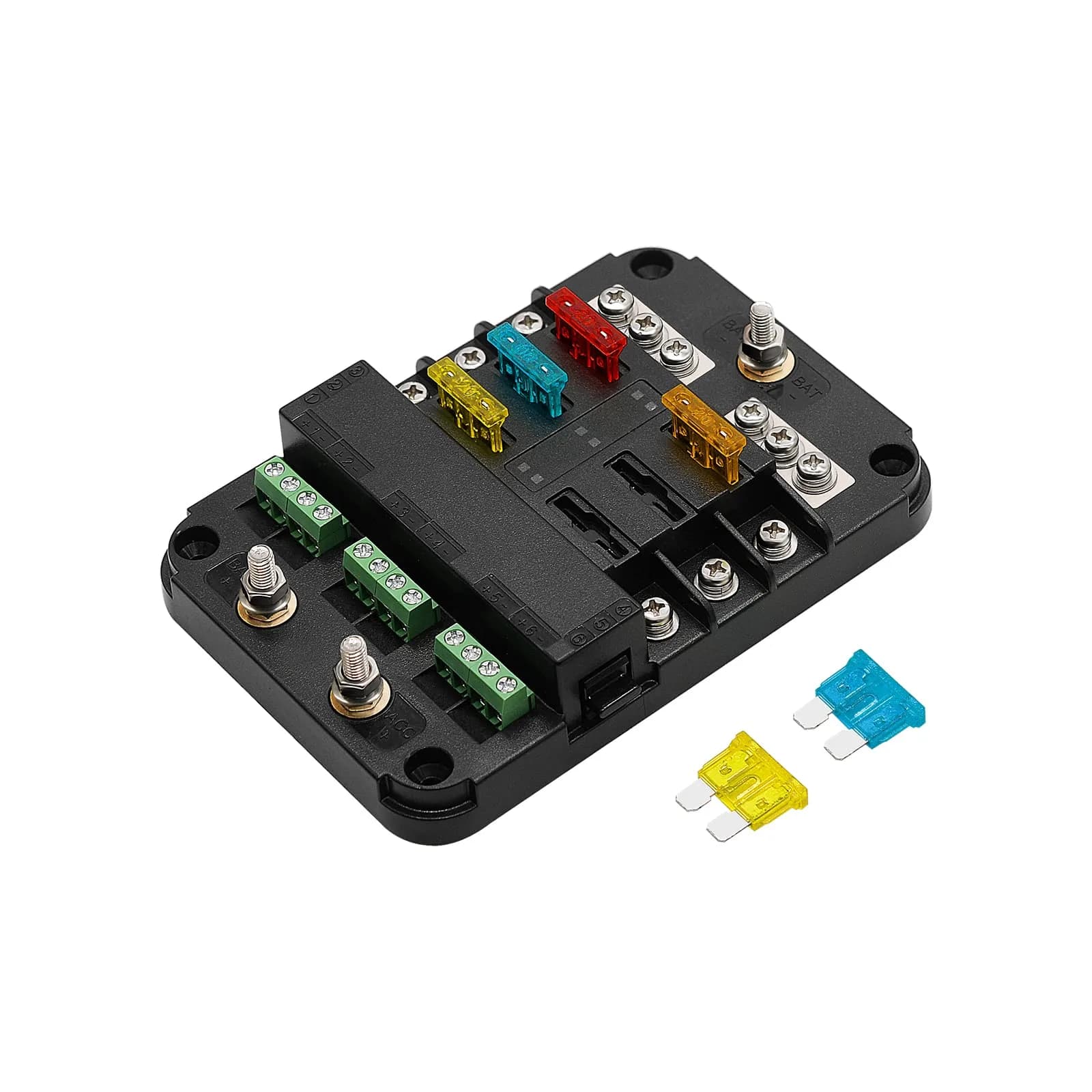 BlueFire 6-Way Blade Fuse Block with LED Indicator & ACC Interface, 12V/24V DC, 80A Input, 20A Output Per Circuit | Waterproof & Dustproof Fuse Holder - main product image