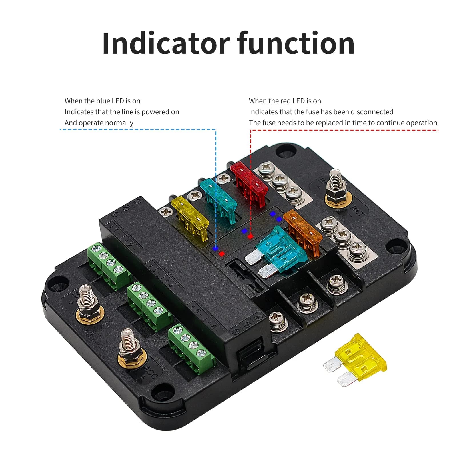 BlueFire 6-Way Blade Fuse Block with LED Indicator & ACC Interface, 12V/24V DC, 80A Input, 20A Output Per Circuit | Waterproof & Dustproof Fuse Holder - view 3