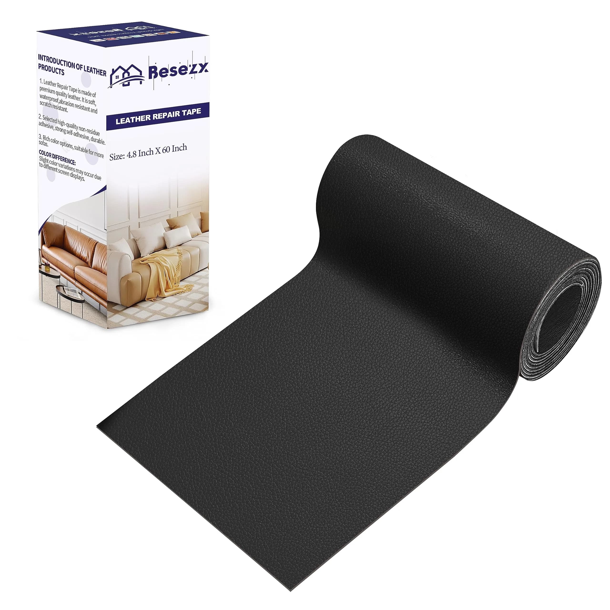 Besezx Leather Repair Patch Tape Kit 4.8in x 60in (12.2cm x 152.4cm) | Self-Adhesive for Furniture, Couch, Car Seats - main product image