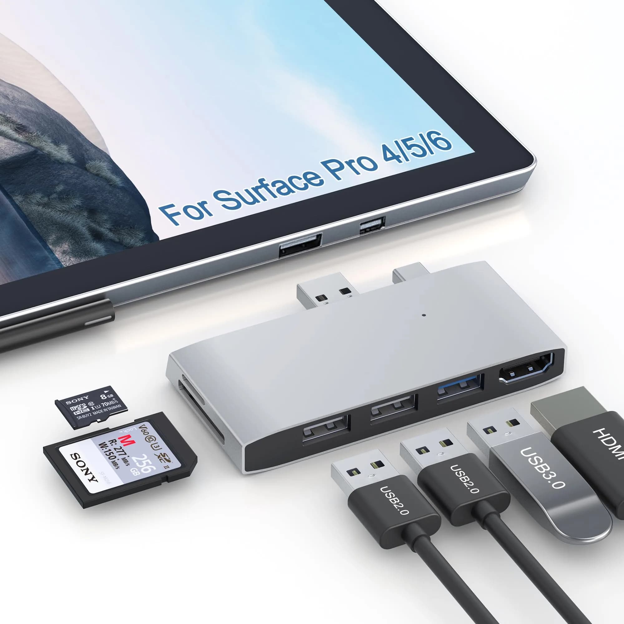 clickfish Surface Pro 6/Pro 5/Pro 4 USB Hub Docking Station 4K HDMI, SD & TF Card Reader, Aluminum, Compact, Lightweight | 4K@30Hz — Surface Pro 6/Pro 5/Pro 4 Hub