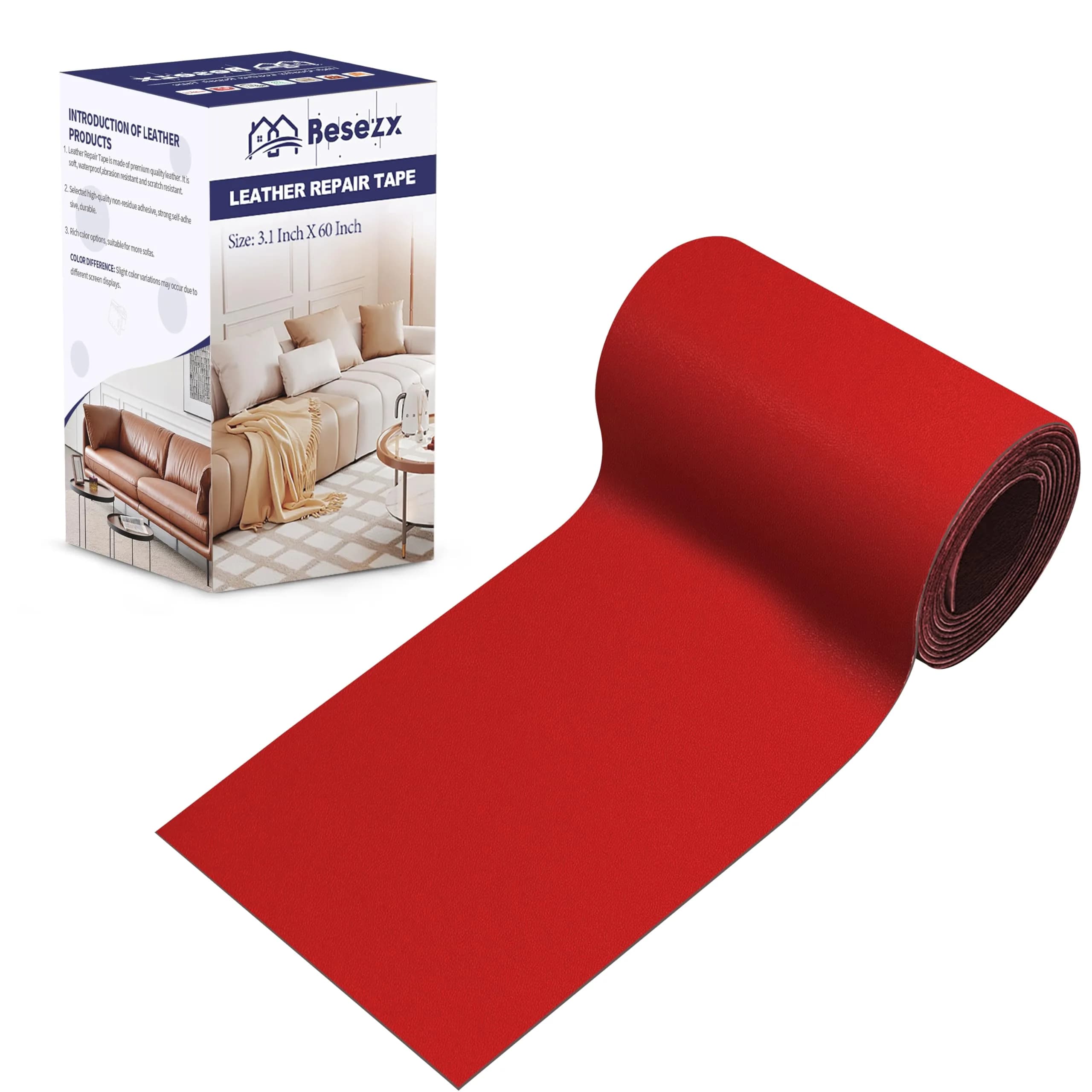 Besezx Leather Repair Patch Tape Kit Deep Red 8.1cm (3.1in) | Self-Adhesive Vinyl Upholstery Fix - main product image