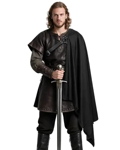 L'VOW Medieval Half Shoulder Cape Knight Cloak with Belt, Black | Vintage Costume Accessory for Men & Women thumbnail 1