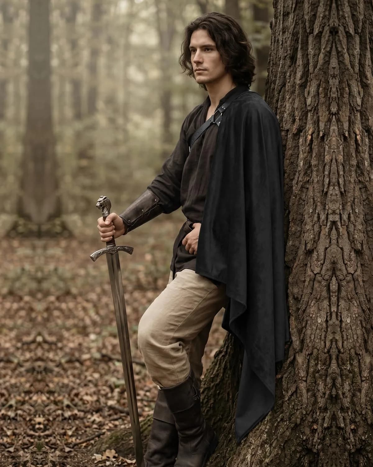 L'VOW Medieval Half Shoulder Cape Knight Cloak with Belt, Black | Vintage Costume Accessory for Men & Women thumbnail 4