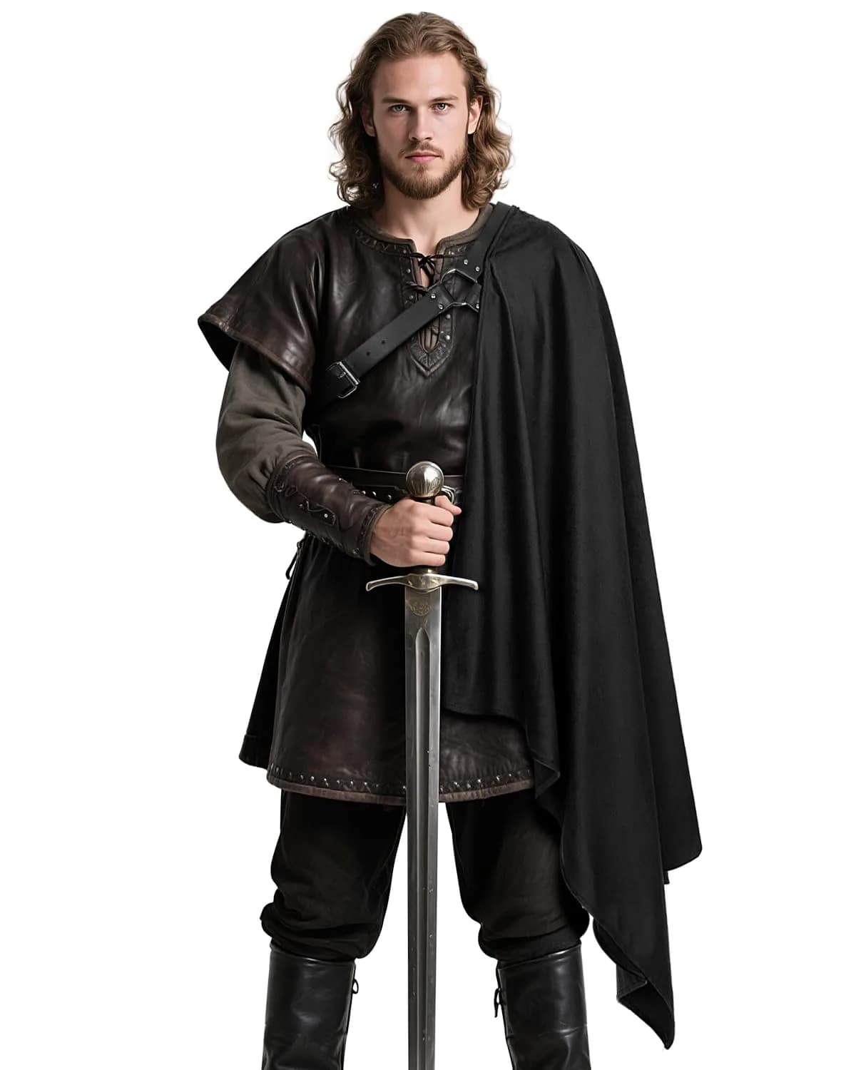 L'VOW Medieval Half Shoulder Cape Knight Cloak with Belt, Black | Vintage Costume Accessory for Men & Women thumbnail 1