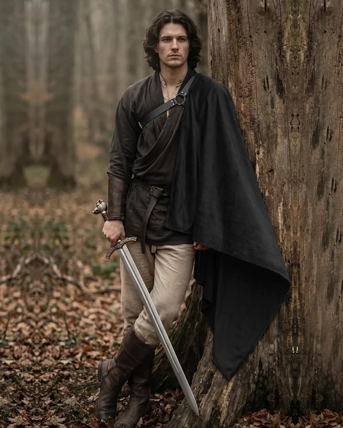 L'VOW Medieval Half Shoulder Cape Knight Cloak with Belt, Black | Vintage Costume Accessory for Men & Women thumbnail 2