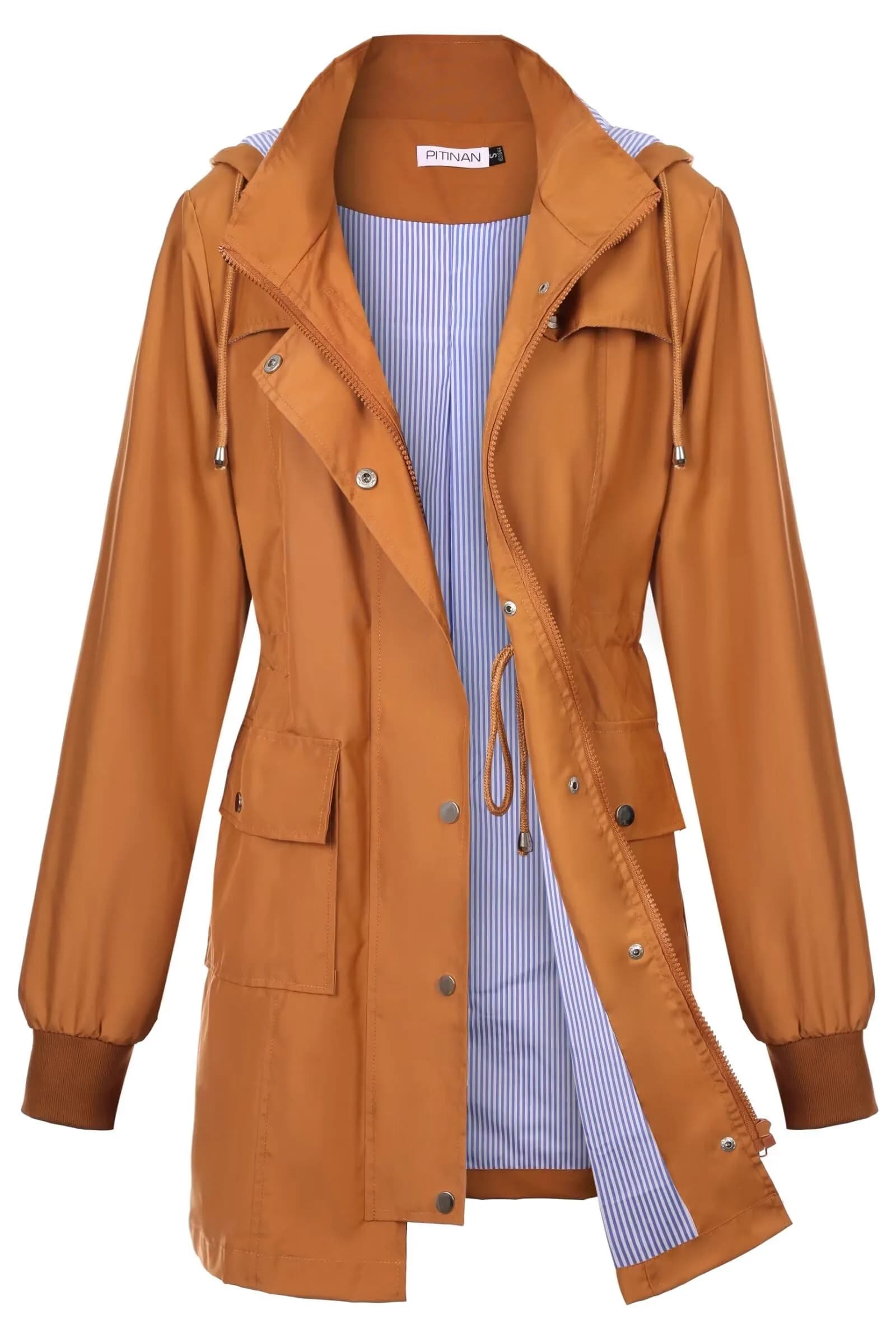 PITINAN Women Rain Jacket Waterproof With Hood Long Trench Coat Caramel, M | Water-Resistant, Detachable Hood, Adjustable Waist — Caramel