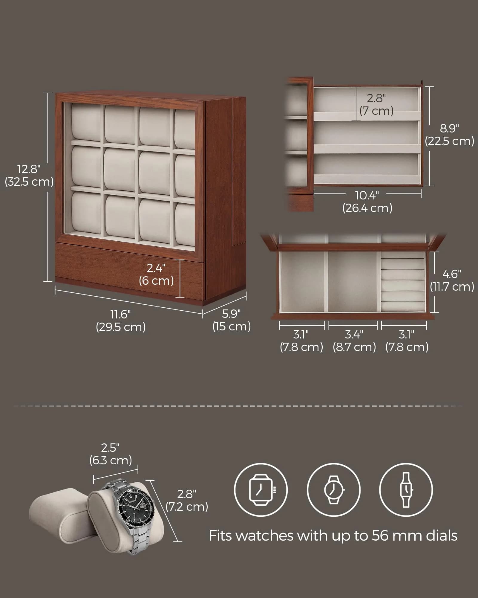 SONGMICS 12 Watch Display Case with Hidden Storage 32.5 cm (12.8 in) | Organize Your Collection - view 5