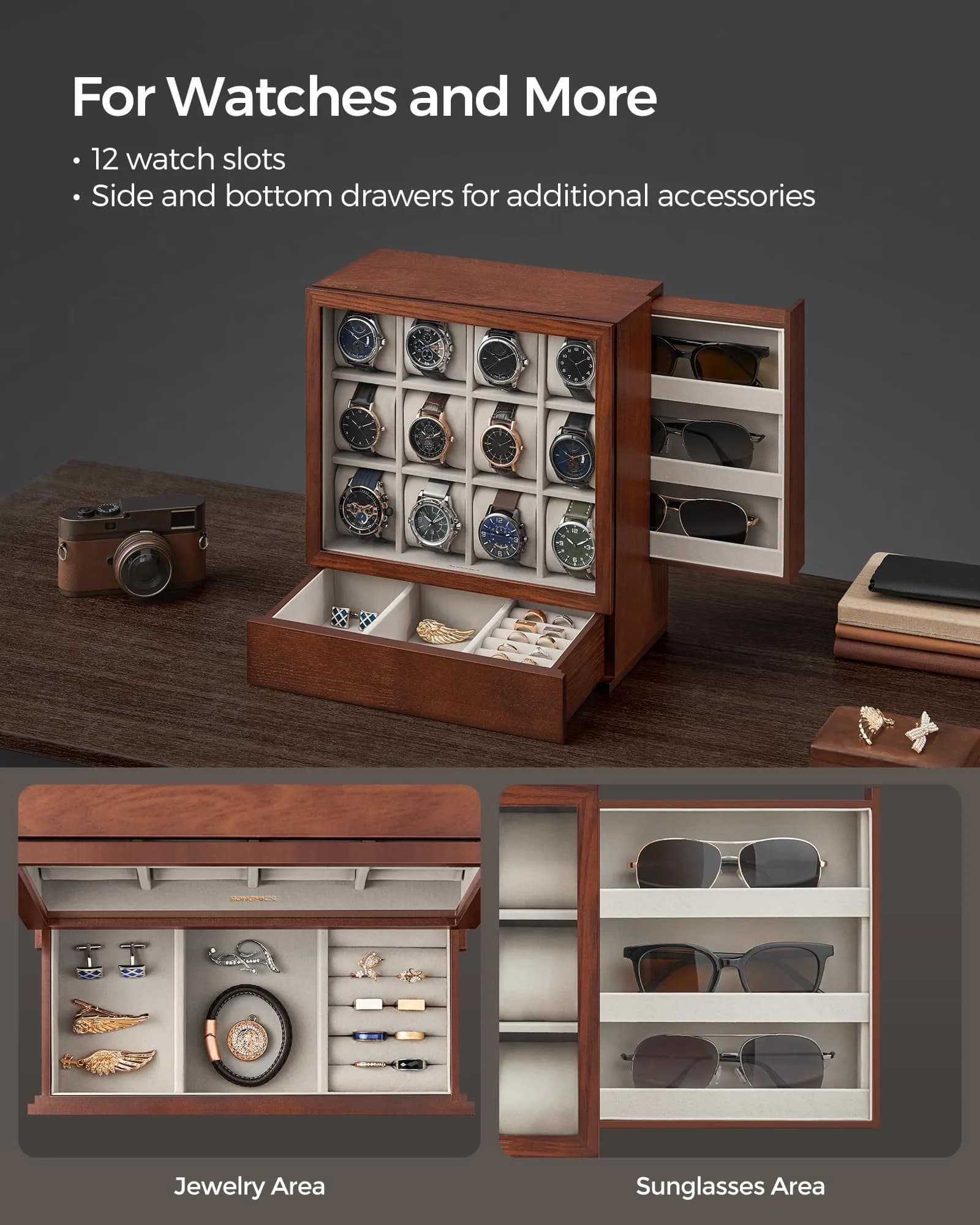 SONGMICS 12 Watch Display Case with Hidden Storage 32.5 cm (12.8 in) | Organize Your Collection - view 3