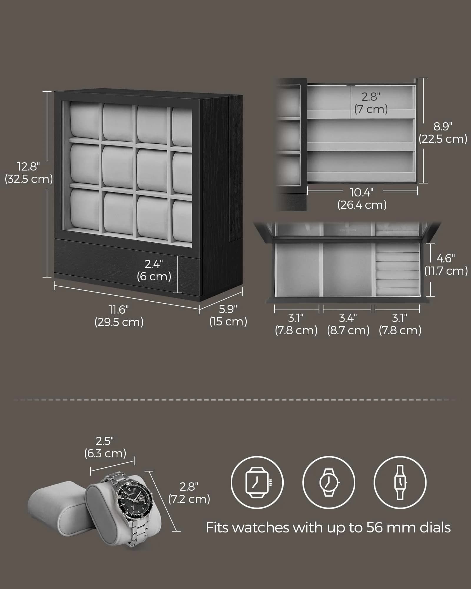 SONGMICS 12 Watch Display Case with Hidden Storage 32.5cm (12.8 inches) | Organize & Protect Your Timepieces - view 5