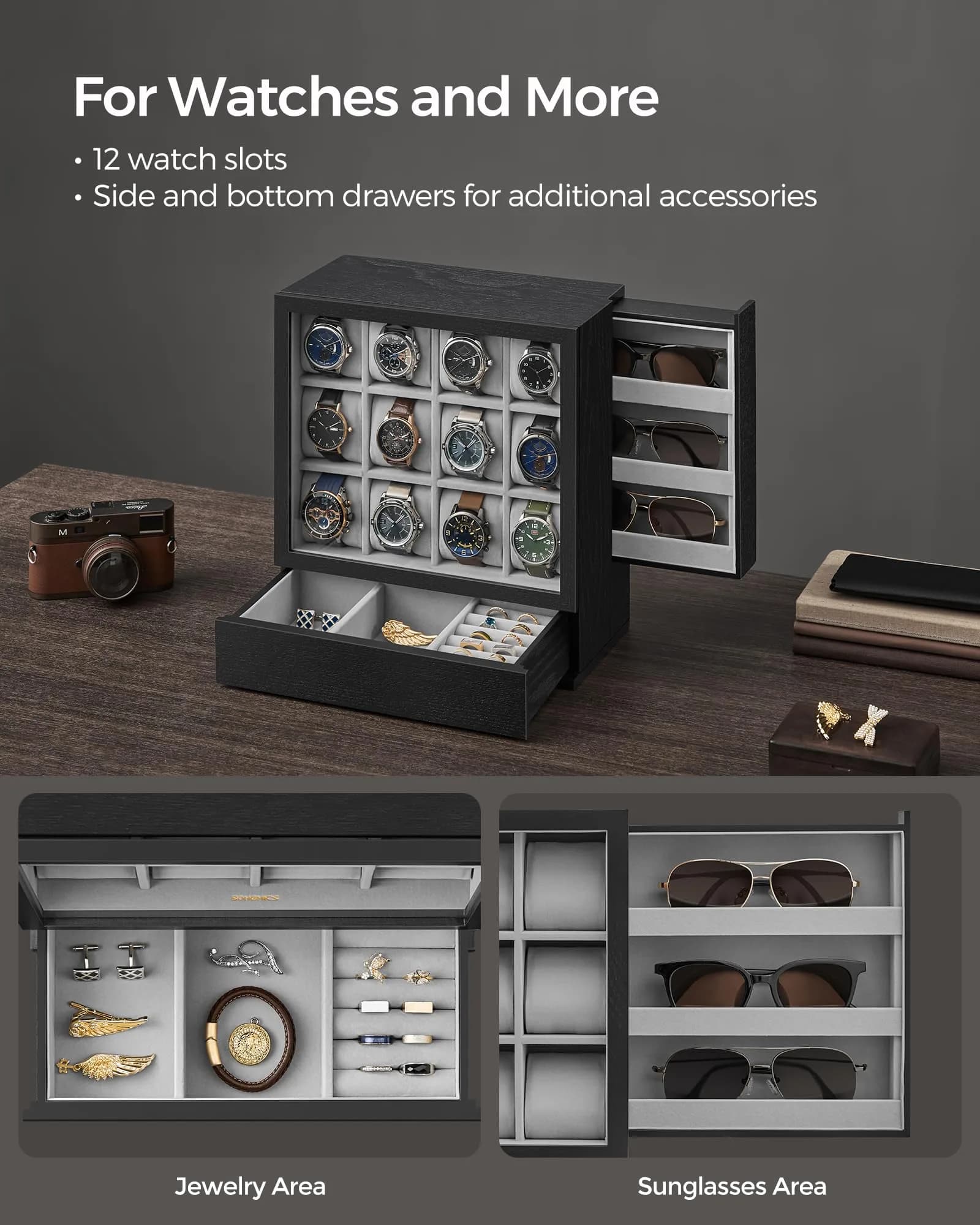 SONGMICS 12 Watch Display Case with Hidden Storage 32.5cm (12.8 inches) | Organize & Protect Your Timepieces - view 3