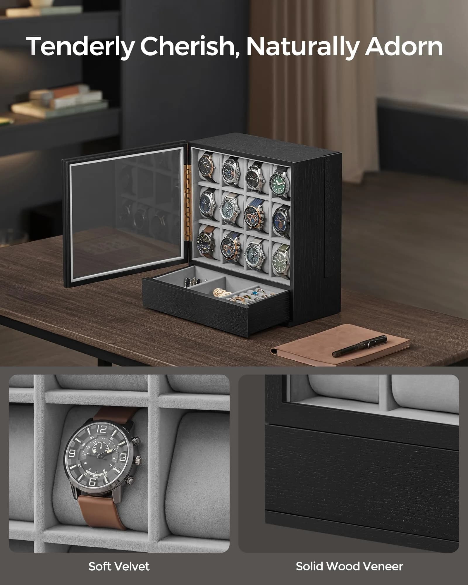 SONGMICS 12 Watch Display Case with Hidden Storage 32.5cm (12.8 inches) | Organize & Protect Your Timepieces - view 4