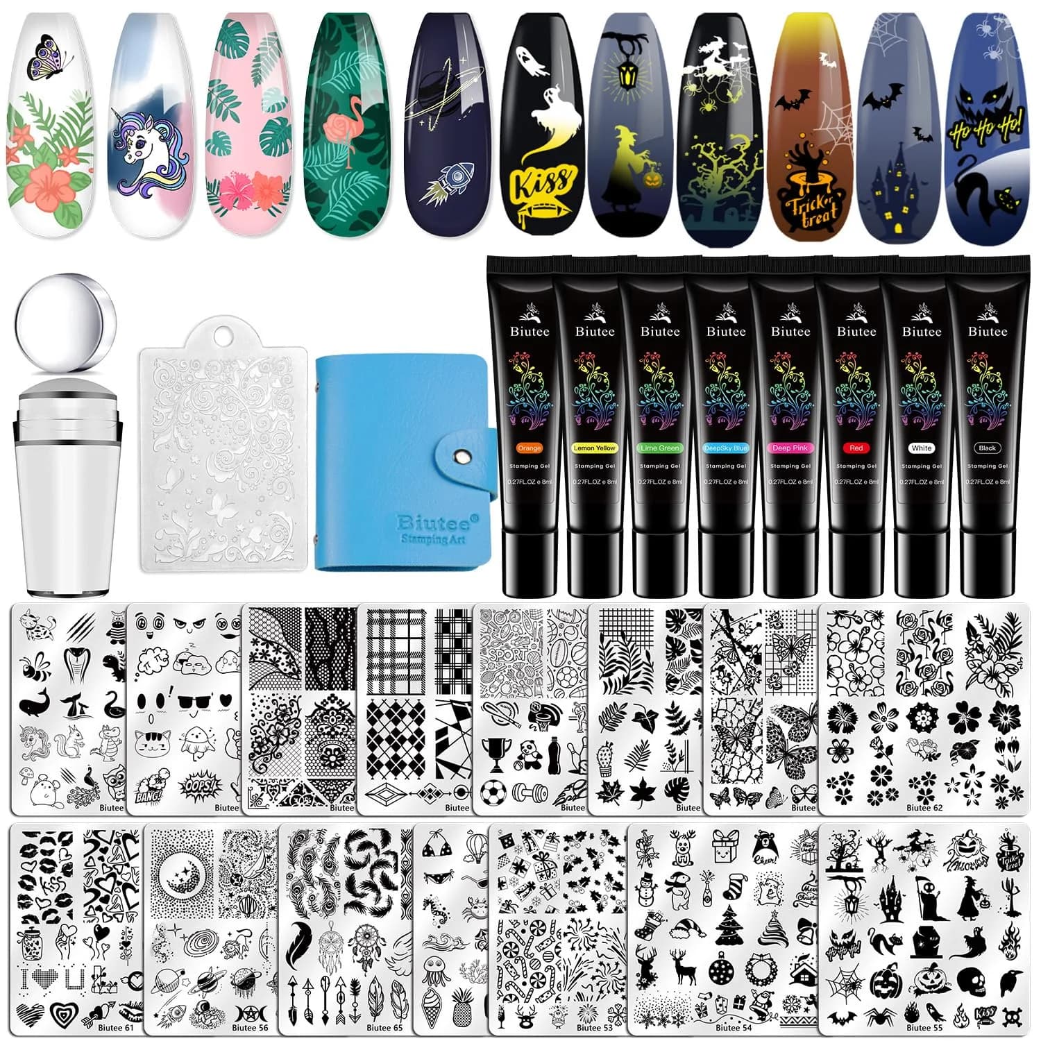 Biutee 26 Piece Nail Art Stamping Kit with 8 Colors Gel Polish & Storage Bag | Professional DIY Manicure Tools — 26 Piece Set