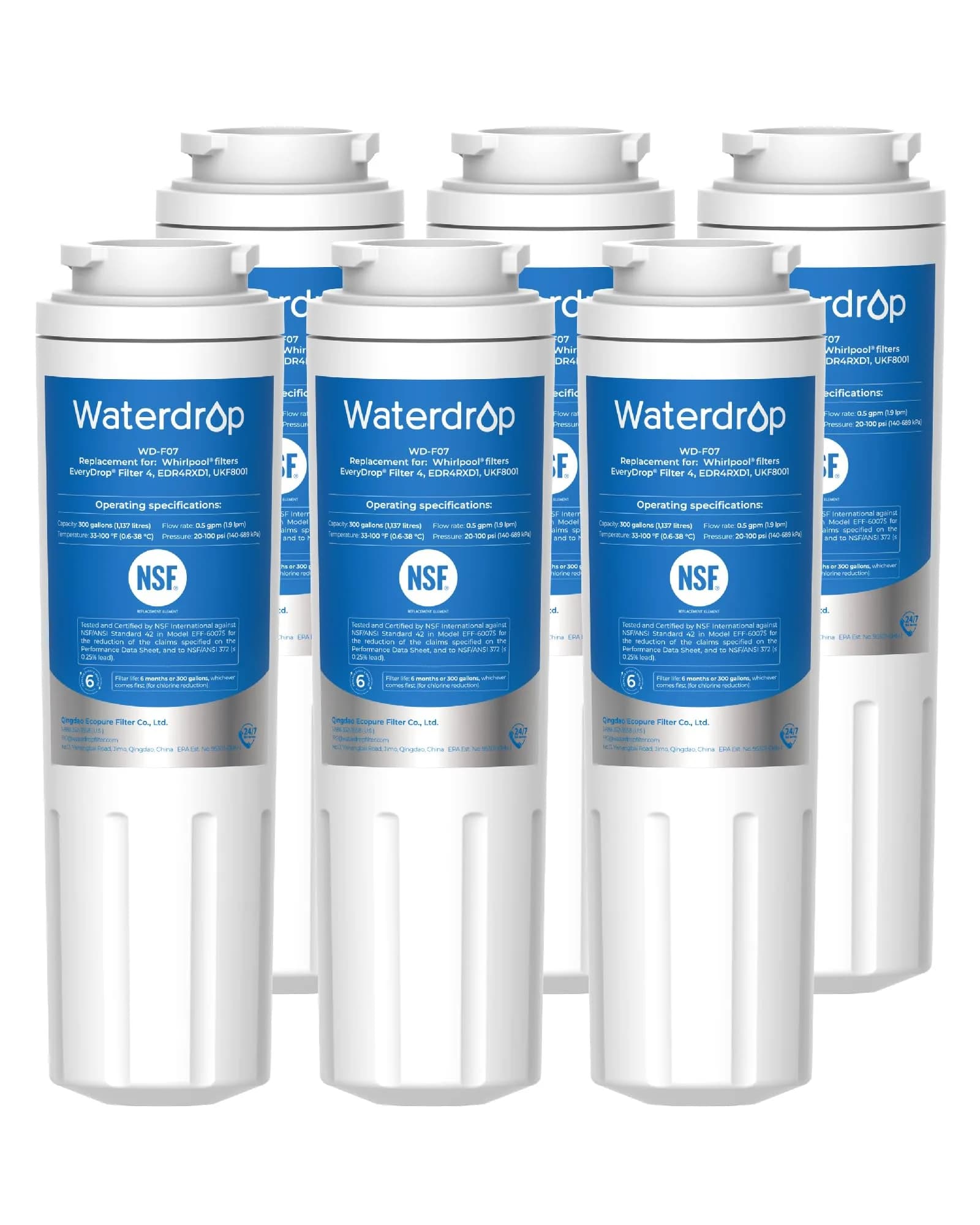 Waterdrop EDR4RXD1 Water Filter Replacement 6 Pack | NSF Certified for Whirlpool, Maytag, Kitchenaid Refrigerators — 6-Pack