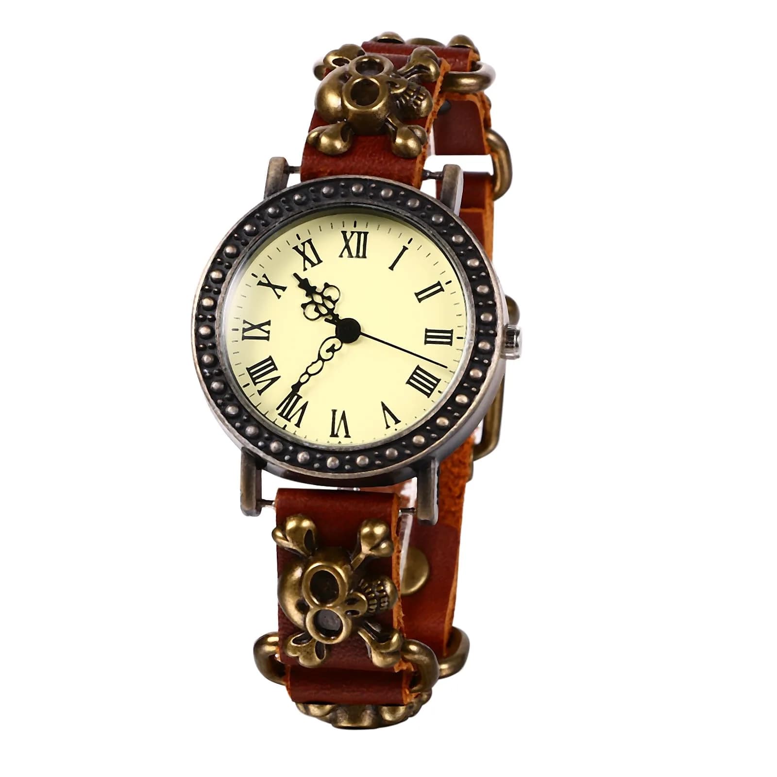 JewelryWe Vintage Wrist Watch Punk Skull Leather Quartz Watch for Women & Men | 1.5" Case, Leather Band, Water-Resistant — skull brown