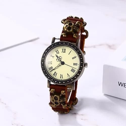 JewelryWe Vintage Wrist Watch Punk Skull Leather Quartz Watch for Women & Men | 1.5" Case, Leather Band, Water-Resistant thumbnail 5