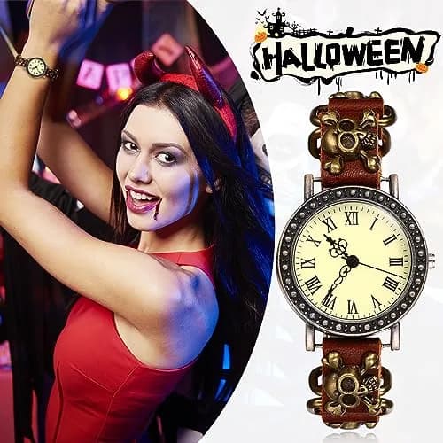 JewelryWe Vintage Wrist Watch Punk Skull Leather Quartz Watch for Women & Men | 1.5" Case, Leather Band, Water-Resistant thumbnail 3