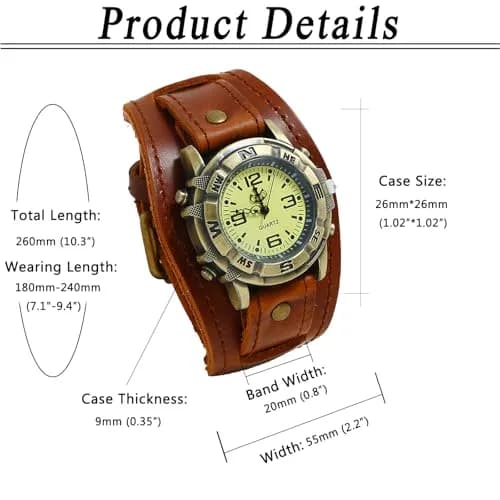 Avaner Men's Vintage Leather Watches: Retro Punk Wide Band Cuff Steampunk Analog Quartz Wrist Watch 47mm (1.85in) | Japanese Quartz Movement thumbnail 6