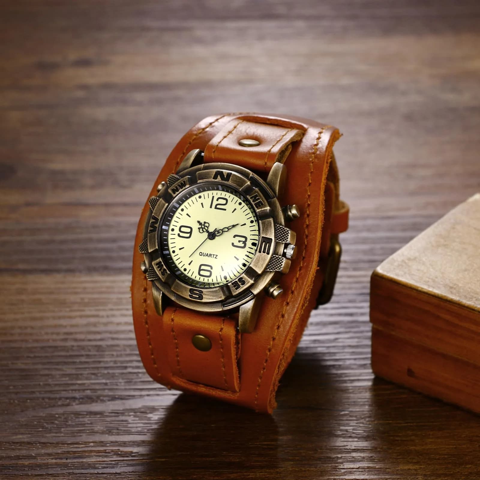 Avaner Men's Vintage Brown Leather Wide Cuff Steampunk Analog Quartz Watch - view 2