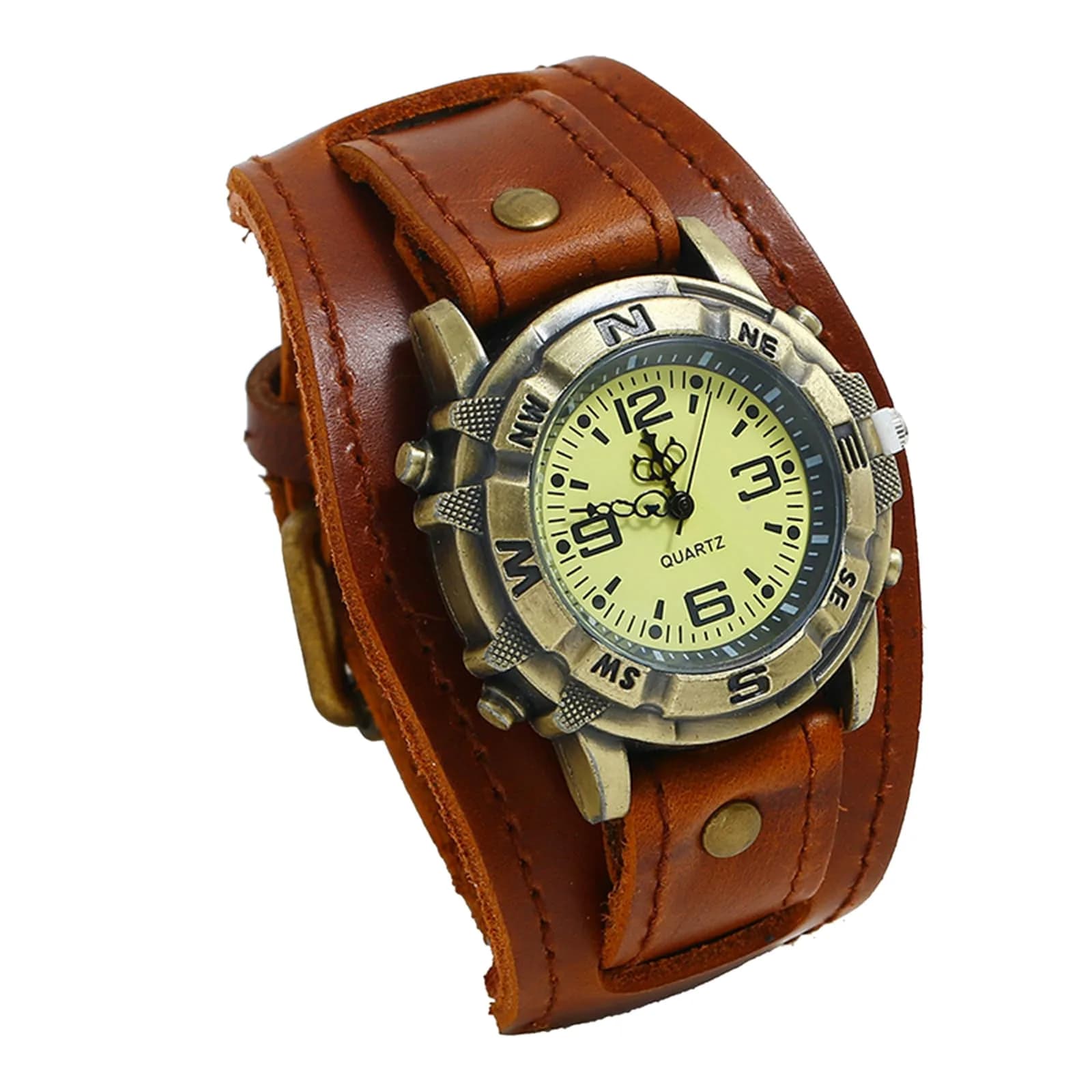 Avaner Men's Vintage Leather Watch: Retro Punk Wide Cuff Steampunk Analog Quartz 47mm (1.85") — Brown