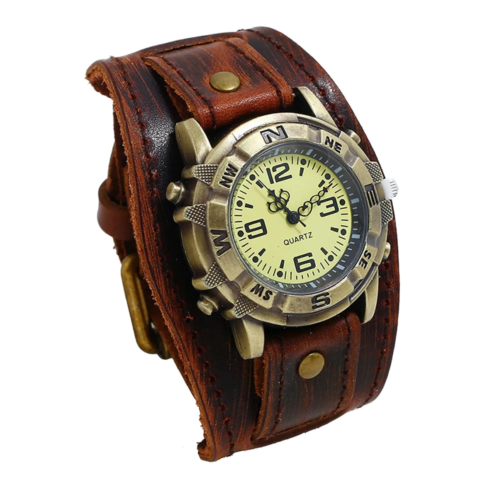 Avaner Men's Vintage Leather Watch: Retro Punk Wide Cuff Steampunk Analog Quartz 47mm (1.85") | Japanese Movement - main product image