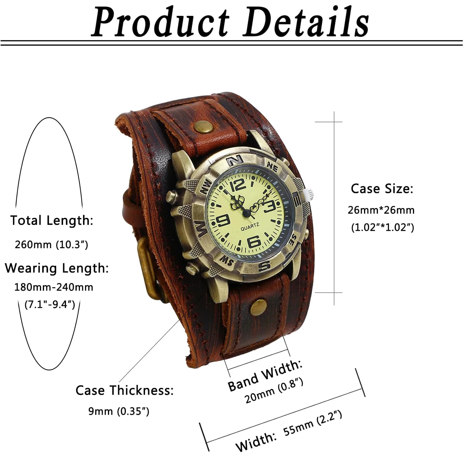 Avaner Men's Vintage Leather Watch: Retro Punk Wide Cuff Steampunk Analog Quartz 47mm (1.85") | Japanese Movement - view 6