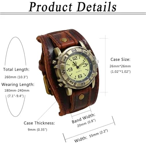 Avaner Men's Vintage Leather Watch: Retro Punk Wide Cuff Steampunk Analog Quartz 47mm (1.85") | Japanese Movement thumbnail 6