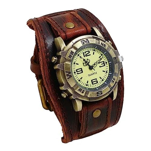 Avaner Men's Vintage Leather Watch: Retro Punk Wide Cuff Steampunk Analog Quartz 47mm (1.85") | Japanese Movement thumbnail 1
