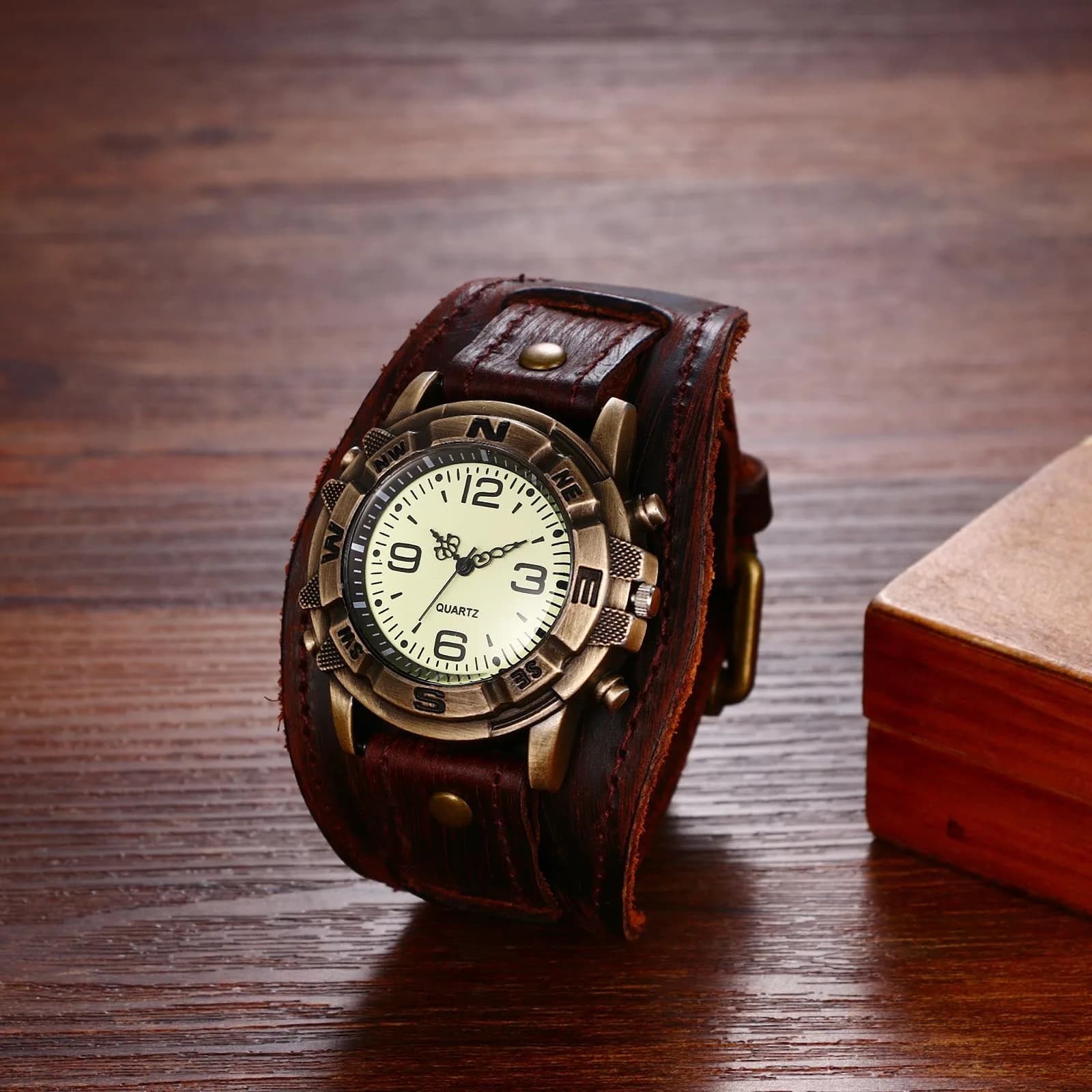 Avaner Men's Vintage Leather Watch: Retro Punk Wide Cuff Steampunk Analog Quartz 47mm (1.85") | Japanese Movement - view 2