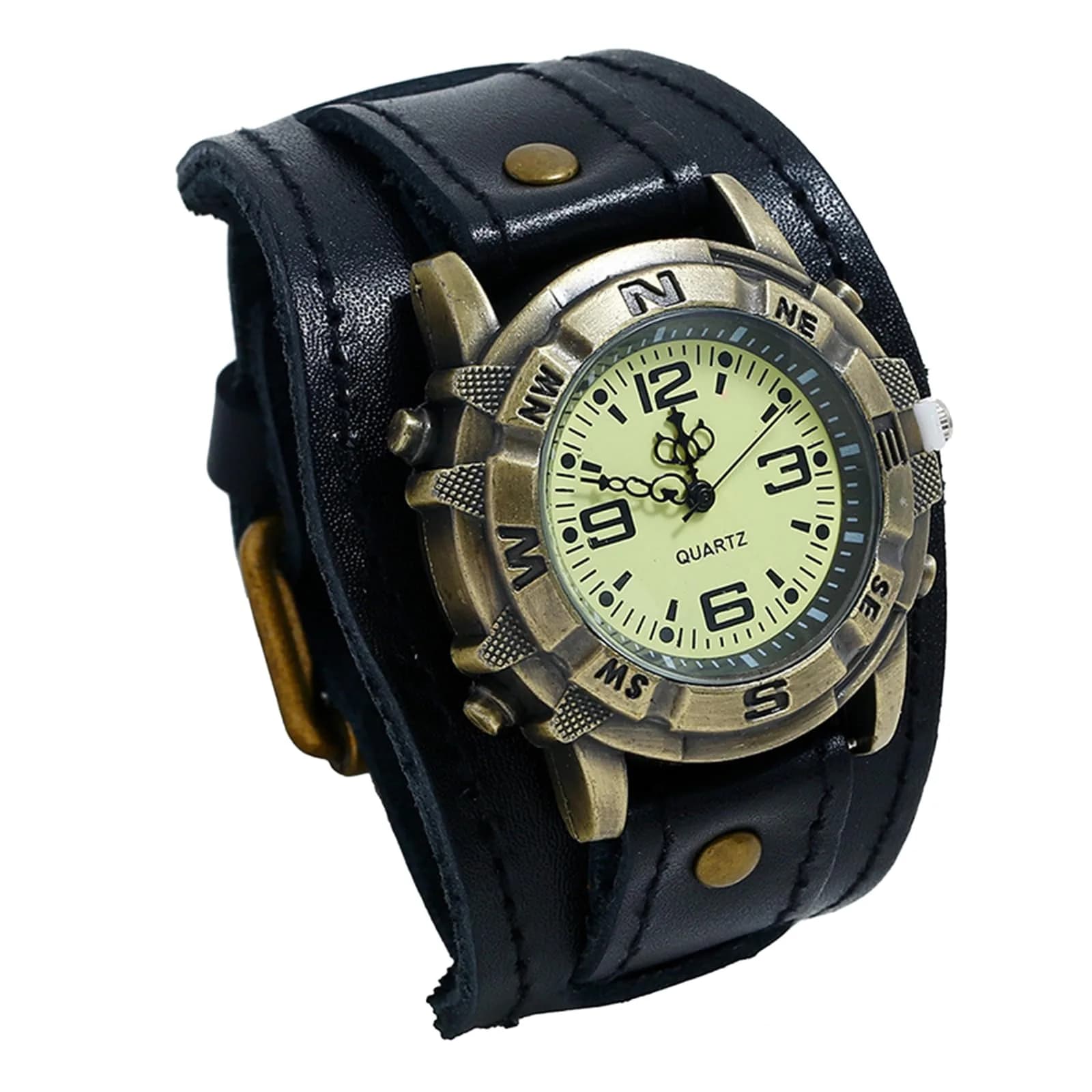 Avaner Men's Vintage Leather Watch: Retro Punk Wide Cuff Steampunk Analog Quartz 47mm (1.85") - main product image