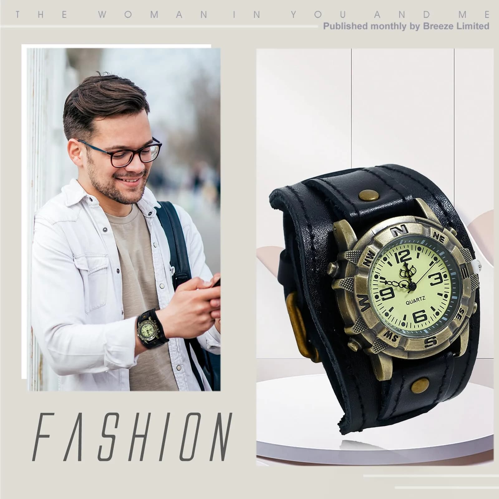 Avaner Men's Vintage Leather Watch: Retro Punk Wide Cuff Steampunk Analog Quartz 47mm (1.85") - view 5