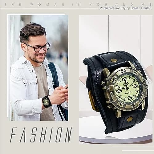 Avaner Men's Vintage Leather Watch: Retro Punk Wide Cuff Steampunk Analog Quartz 47mm (1.85") thumbnail 5