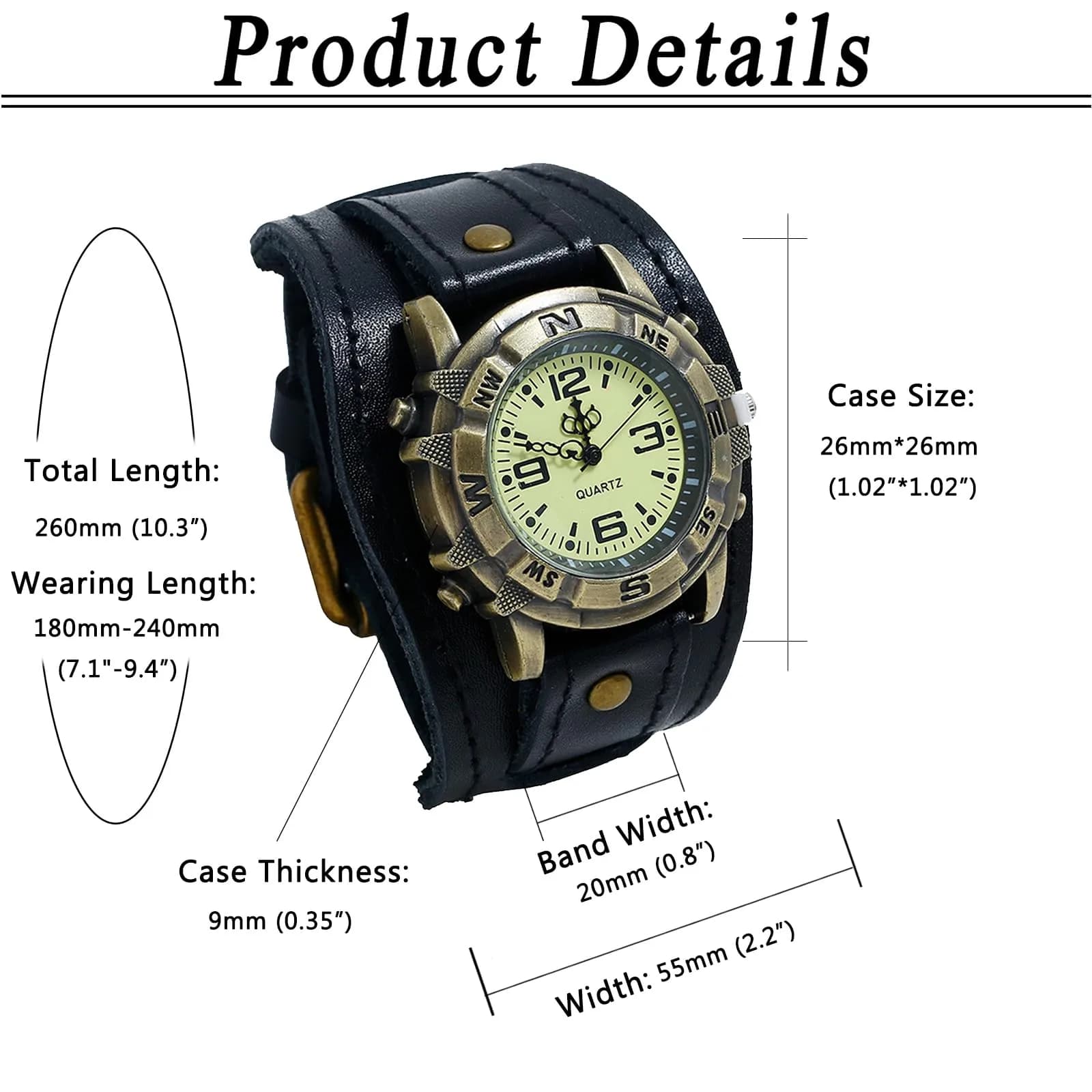 Avaner Men's Vintage Leather Watch: Retro Punk Wide Cuff Steampunk Analog Quartz 47mm (1.85") - view 6