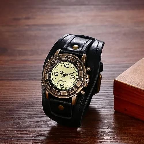 Avaner Men's Vintage Leather Watch: Retro Punk Wide Cuff Steampunk Analog Quartz 47mm (1.85") thumbnail 2