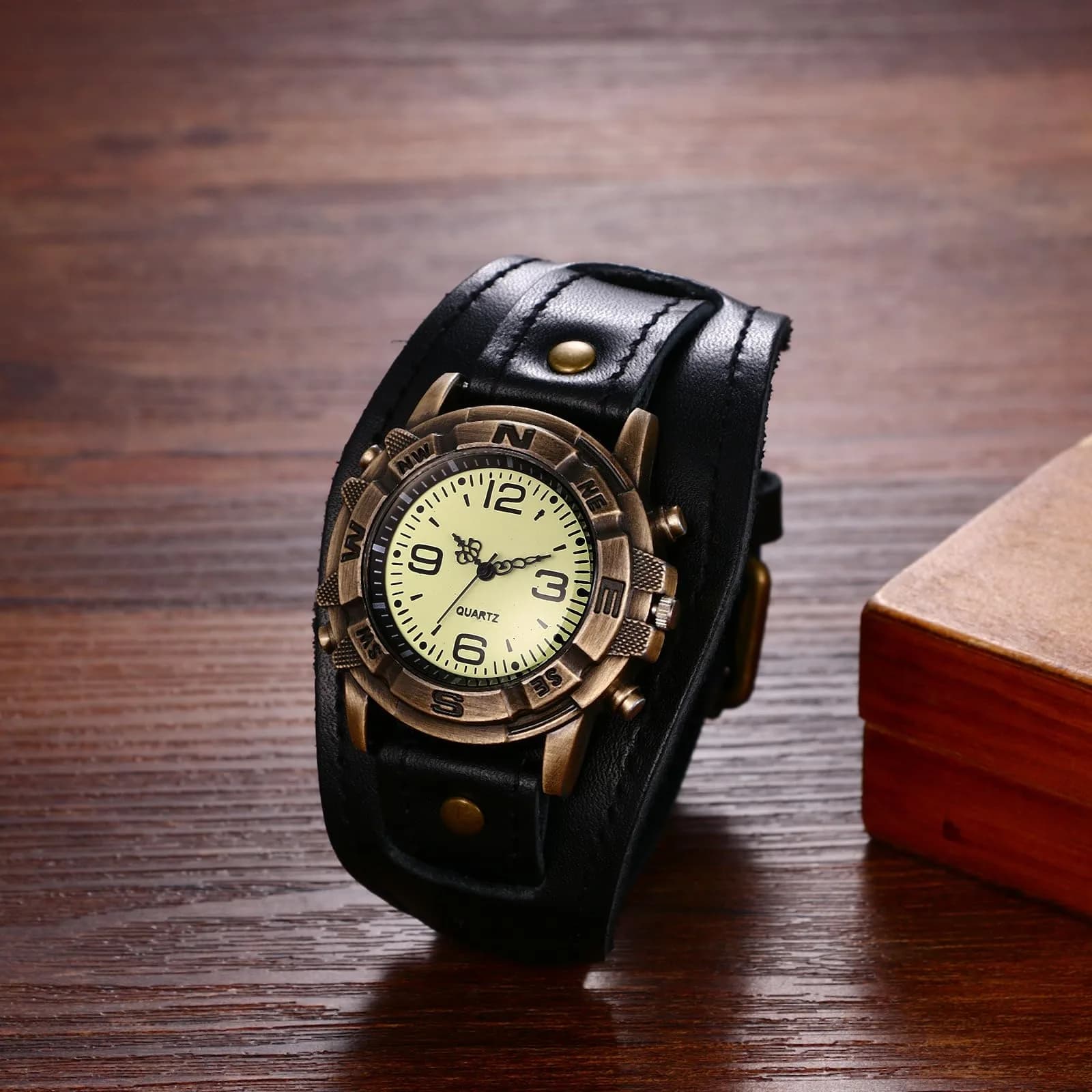 Avaner Men's 3-Piece Vintage Leather Watch Set: Retro Punk Wide Cuff Steampunk Analog Quartz - view 2