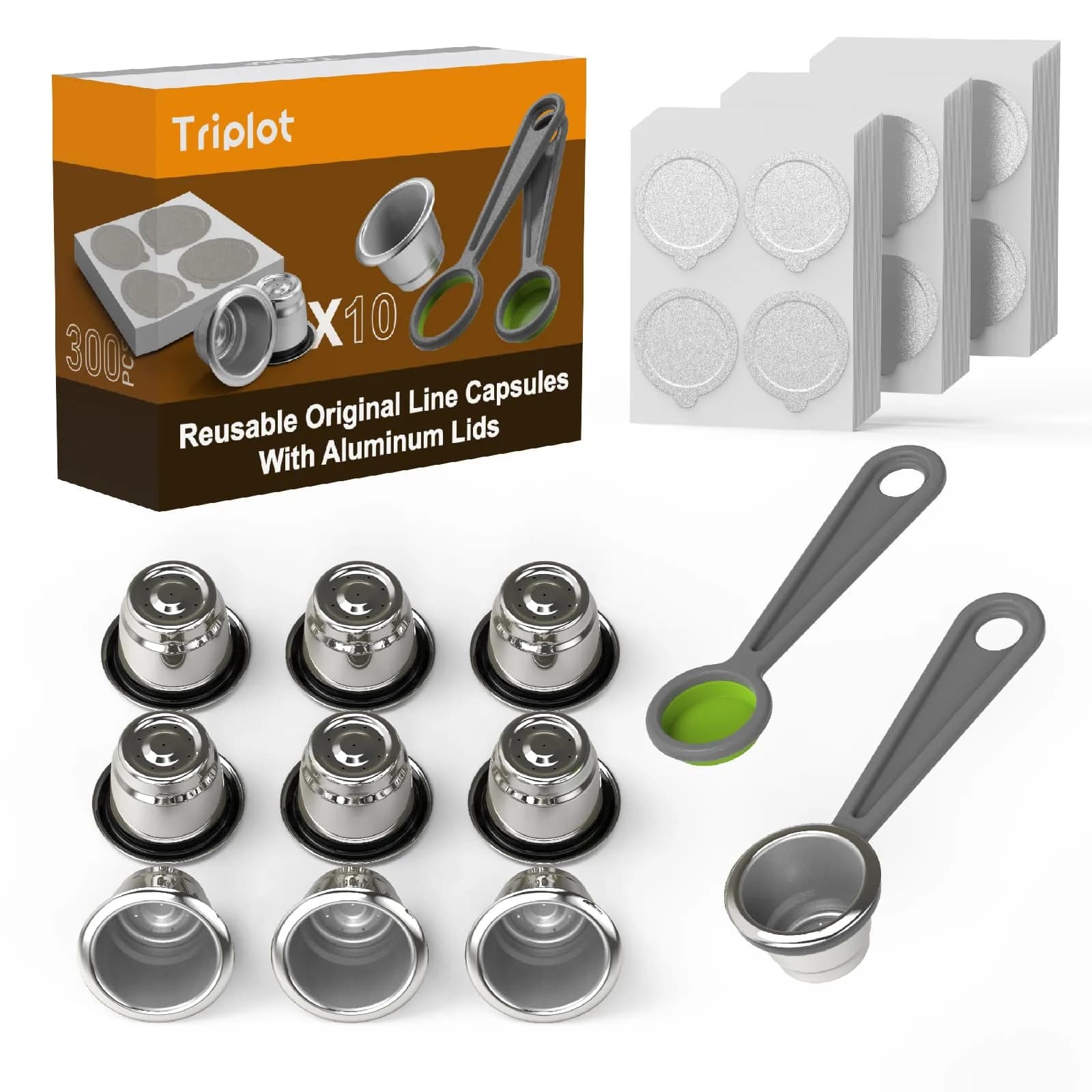 Triplot Reusable Coffee Capsules for Nespresso OriginalLine | Compatible with Most Models, Eco-Friendly (70-120 chars) — Stainless steel color +10Pods+300lids