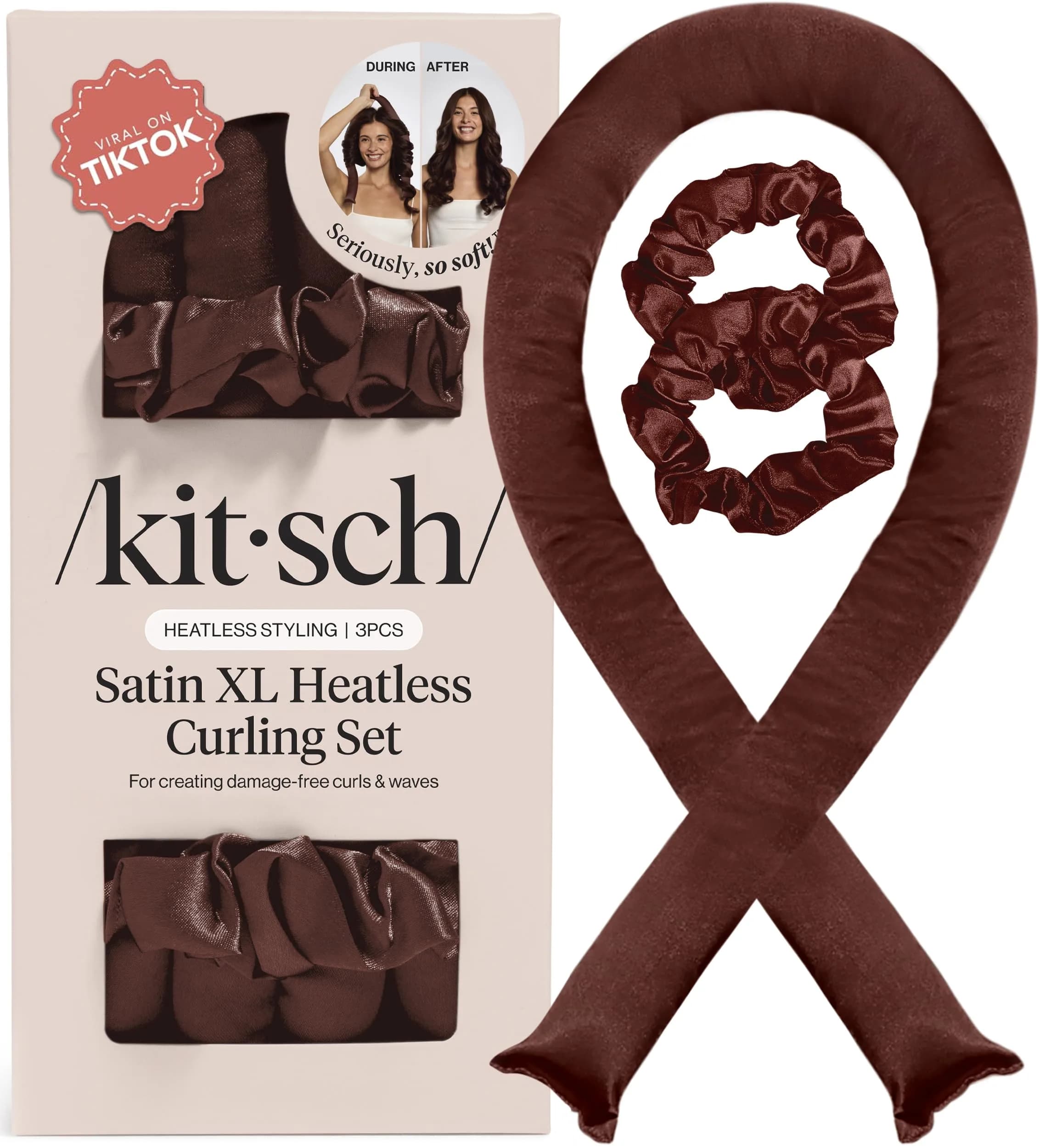 Kitsch Satin Heatless Curls Overnight Set - Chocolate | 34" Rod & 2 Scrunchies