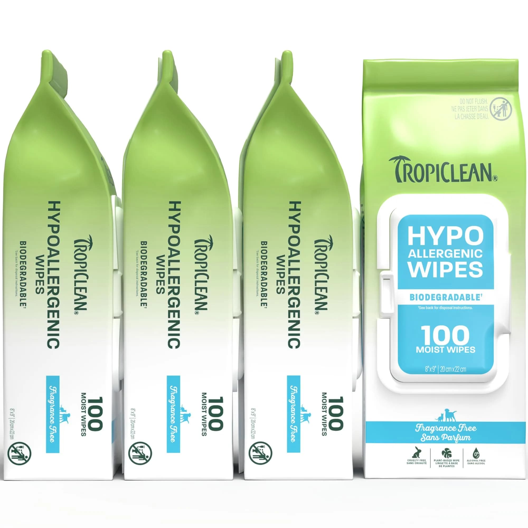 TropiClean Hypoallergenic Dog Wipes, Unscented, 100ct, 4 Pack | Fragrance-Free Grooming Wipes for Sensitive Skin